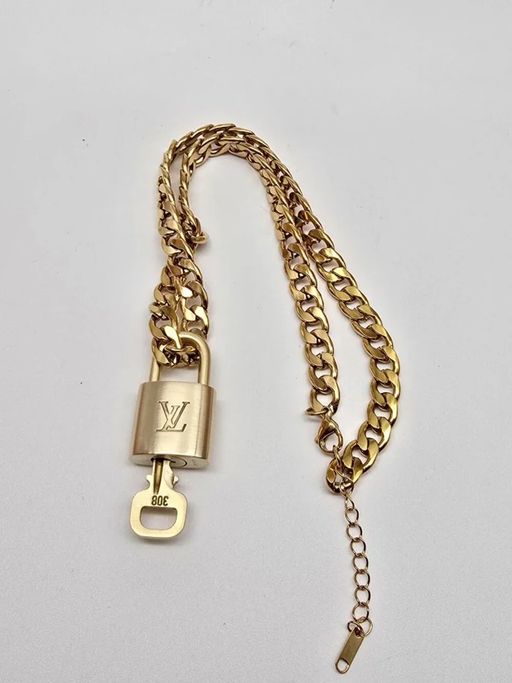 Authentic Louis Vuitgon Gold Padlock Pendant w/ Unbranded Cuban Stainless Steel